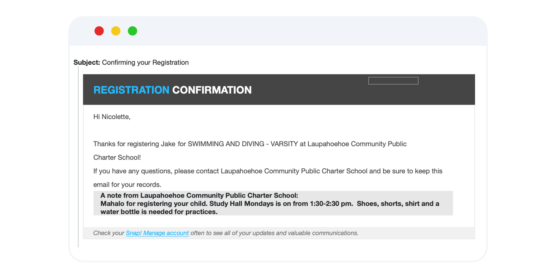 Snap! Manage registration confirmation email