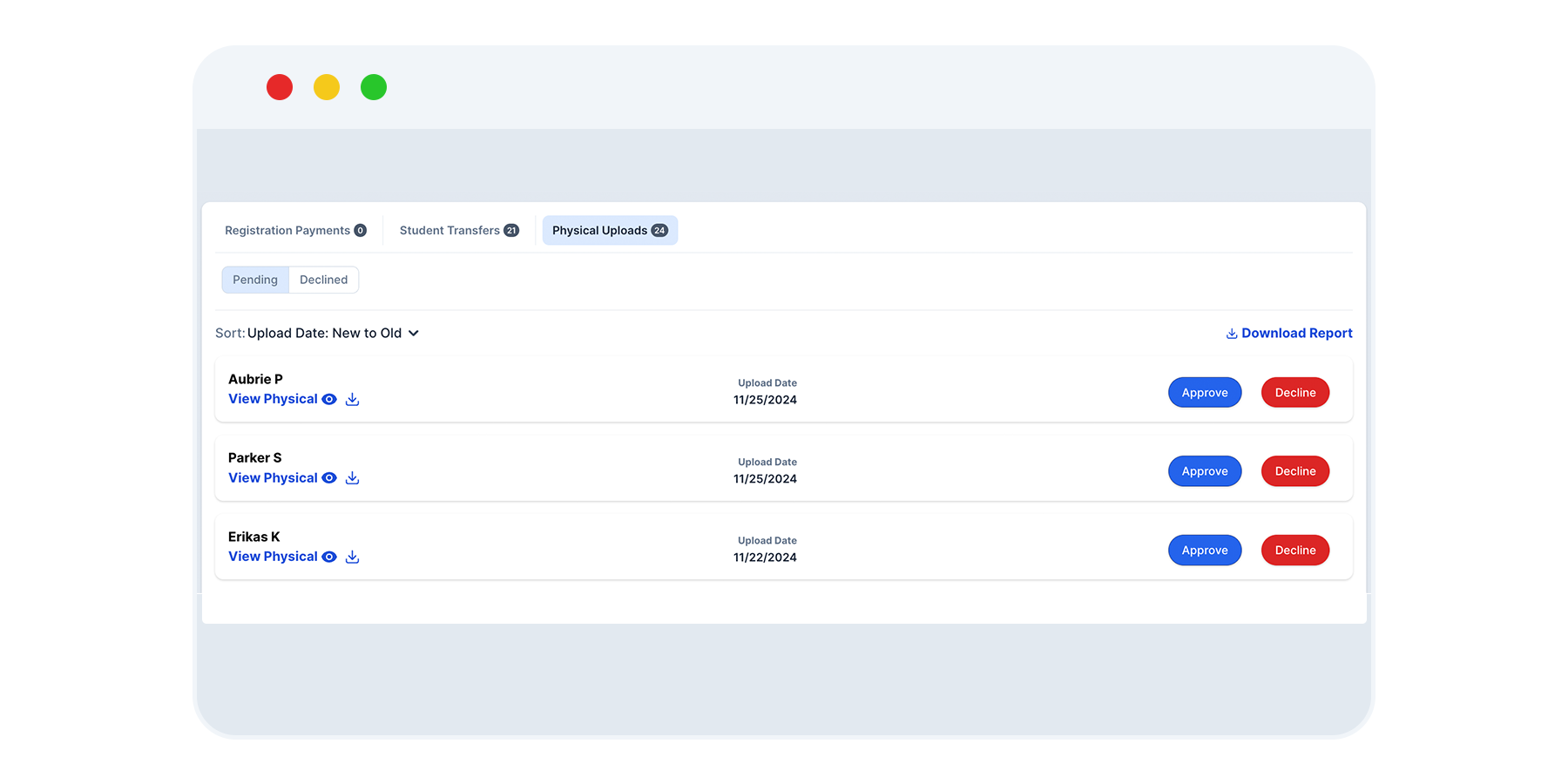 Snap! Manage physicals dashboard