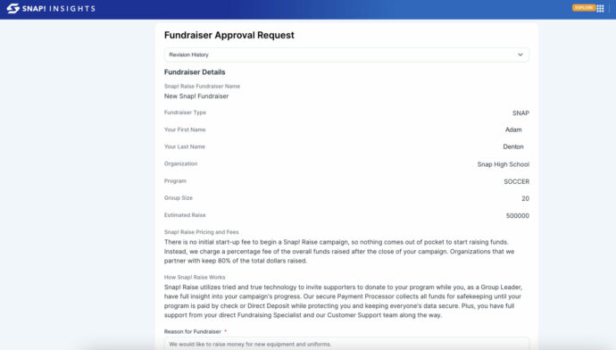 Screenshot of fundraiser details for approval