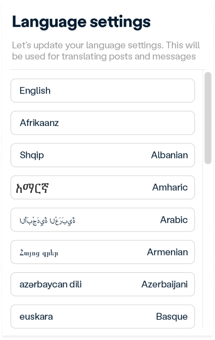 screenshot of language settings