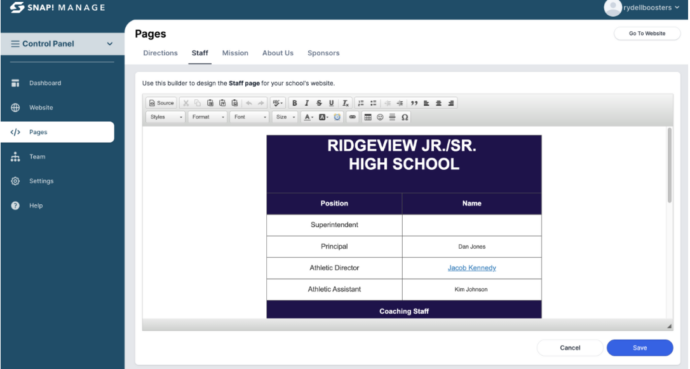 Snap Manage control panel staff update page