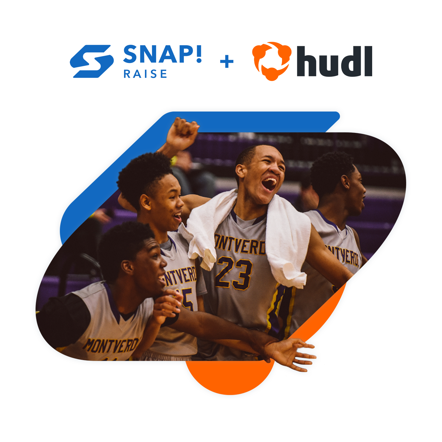 basketball team celebrating with snap raise and hudl logo above it