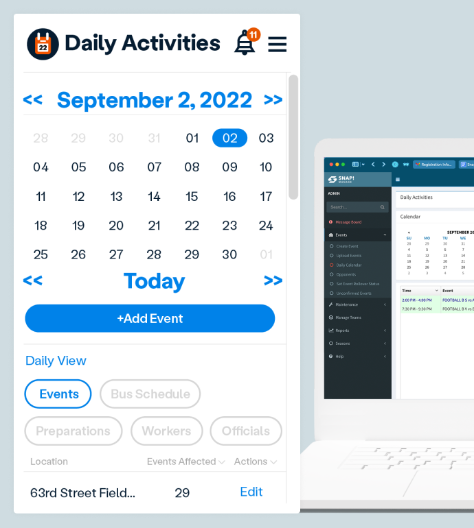 screenshot of daily activities page