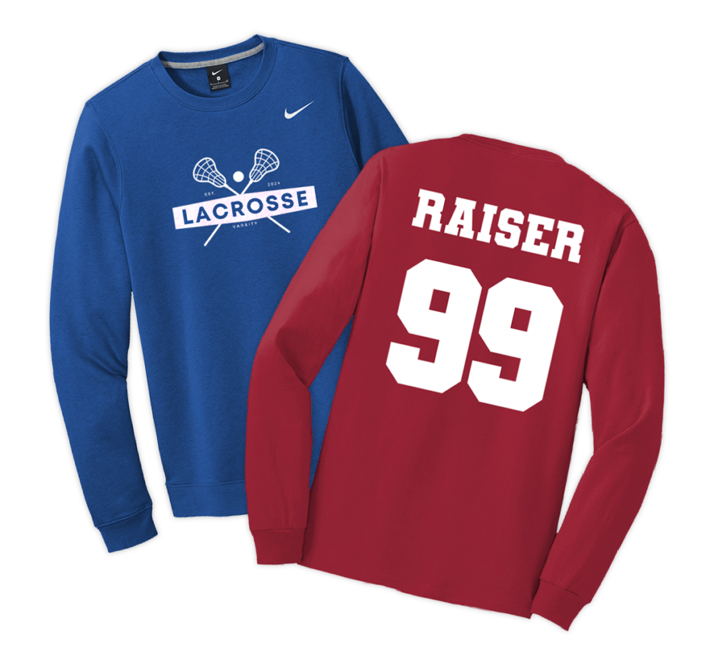 Store customized fan gear, two long sleeve t-shirts, one with custom printing on the back
